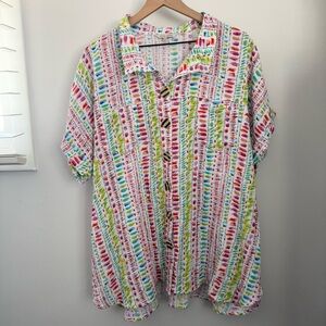 John Mark‎ 2X Short Sleeve Shirt Button Up White Colorful Watercolor Vacation